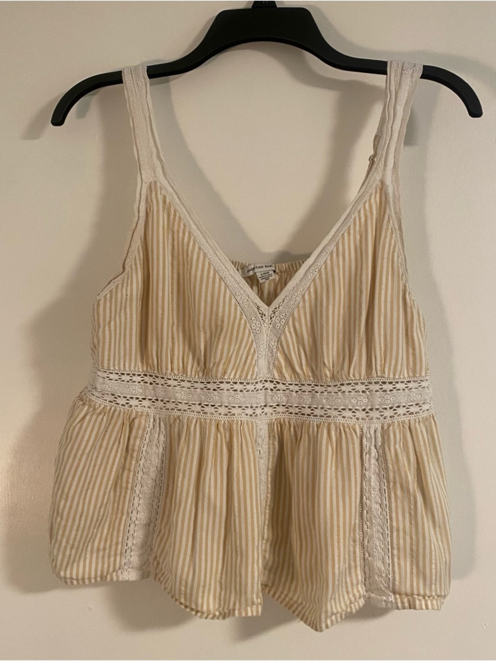 American Eagle Baby Doll Tank Top Womens L Crochet Knit Pale Yellow V-Neck Y2K